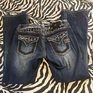 Miss Me Dark Blue Boot Cut Jeans with Silver Embellishments